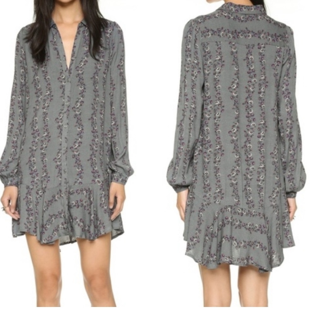 Free People Slubby Crinkle Grey Floral Button Down Shirt Dress | Size M